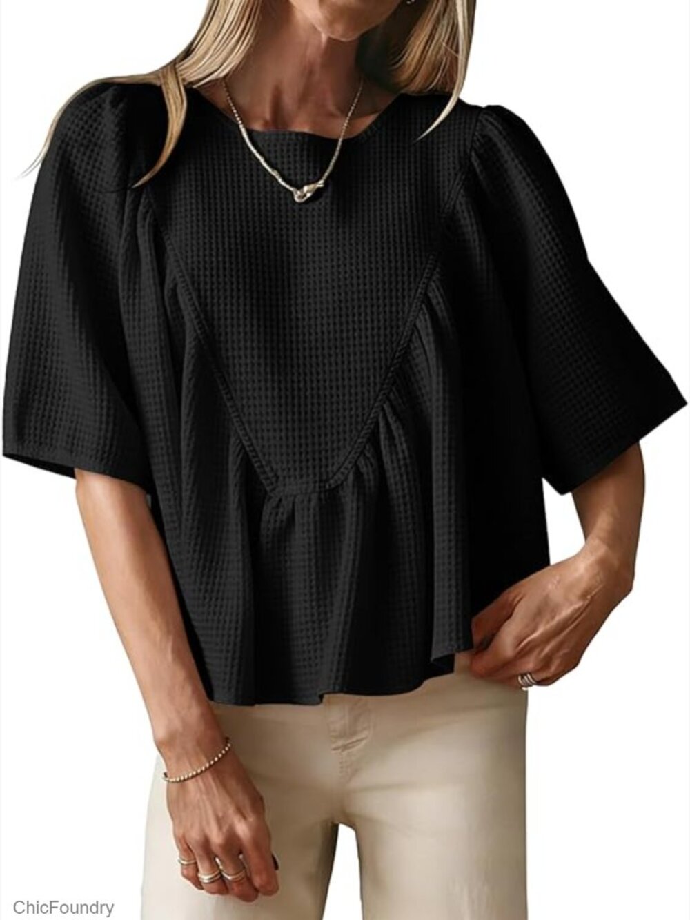 Peplum Babydoll Top Waffle Knit Blouse Loose Fit Short Sleeve